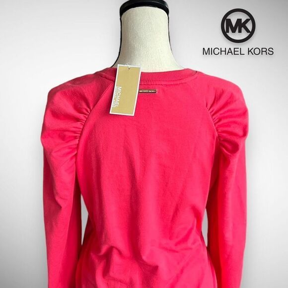 🚫SOLD🚫NWT Michael Kors Crew Neck Puff Shoulder Long Sleeve Top in Geranium - Picture 3 of 11